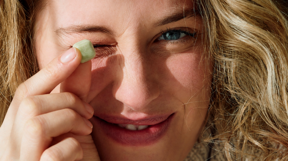 Smiling woman holding a piece of green chewing gum