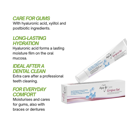 ApaCare Gingiva Gel 20 ml and box with hyaluronic acid, xylitol and postbiotics