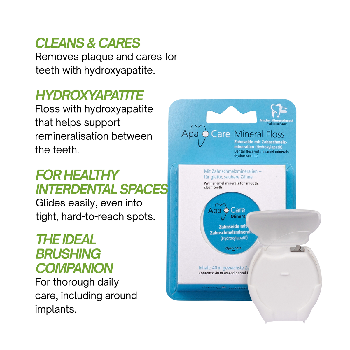 ApaCare Mineral Floss removes plaque and cares for teeth with hydroxyapatite, glides into tight spaces
