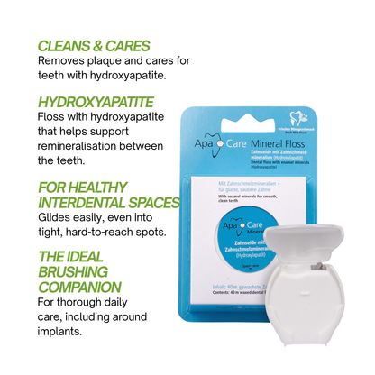 ApaCare Mineral Floss removes plaque and cares for teeth with hydroxyapatite, glides into tight spaces