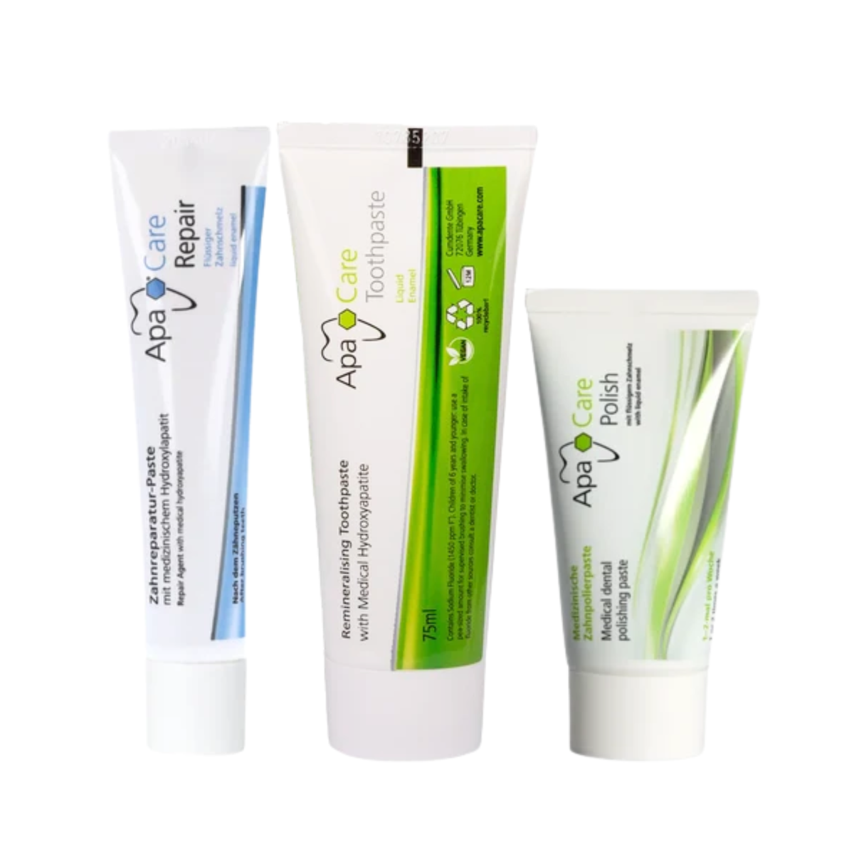 ApaCare Repair, ApaCare Toothpaste and ApaCare Polish tubes from the Smile & Shine Set