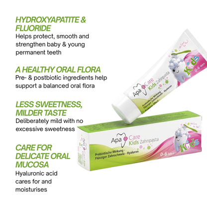 ApaCare Kids Toothpaste 50 ml and box with hydroxyapatite, fluoride and hyaluronic acid