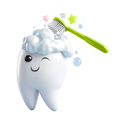 Cartoon smiling tooth being brushed with foam and a green toothbrush